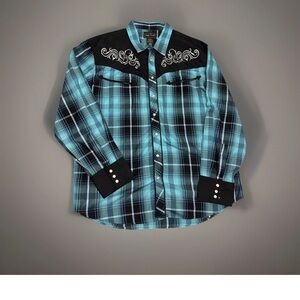 VTG High Noon teal &black Long Sleeve Pearl Snap Western Wear Embroidered Shirt